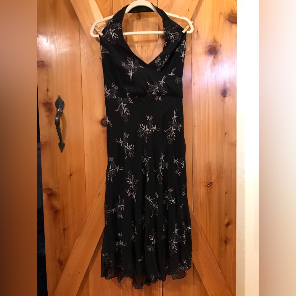 Jonathan Martin Studio dress 12. Black chiffon, pink/cream floral embroidery.